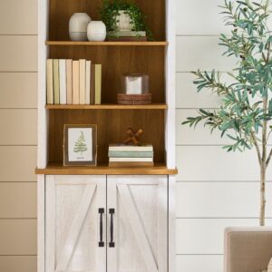 Better Homes & Gardens Modern Farmhouse Bookcase with Doors (Alabaster and Light Honey, 71.02 in H) r8qpu