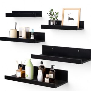Sindcom Floating Wall Shelves, Rustic Wood Storage Ledge for Home Decor (Black, Set of 5) a9gu5